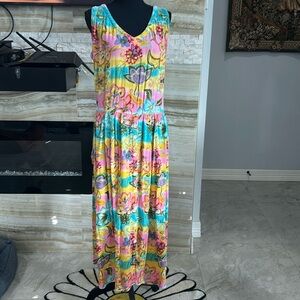 Bila Gauze Multicolor Floral Print Long Pockets Sleeveless Dress. Size M